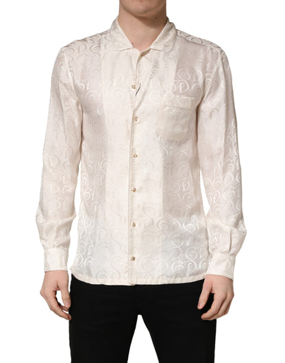 Dolce & Gabbana White Silk Long Sleeve Tonal Logo Print Shirt