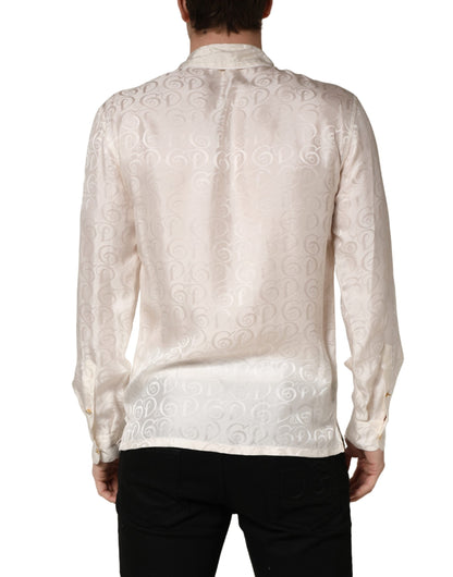 Dolce & Gabbana White Silk Long Sleeve Tonal Logo Print Shirt