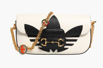 Gucci x Adidas Horsebit 1955 White & Black Calfskin Leather Shoulder Bag Preloved Grade A