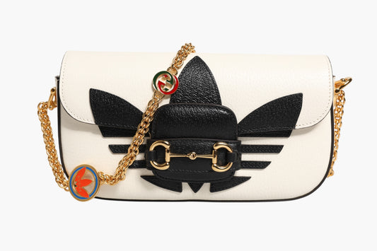 Gucci x Adidas Horsebit 1955 White & Black Calfskin Leather Shoulder Bag Preloved Grade A