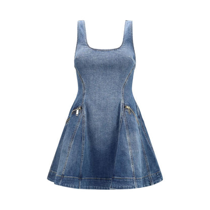 Self-Portrait Blue Cotton Denim Flared Mini Dress