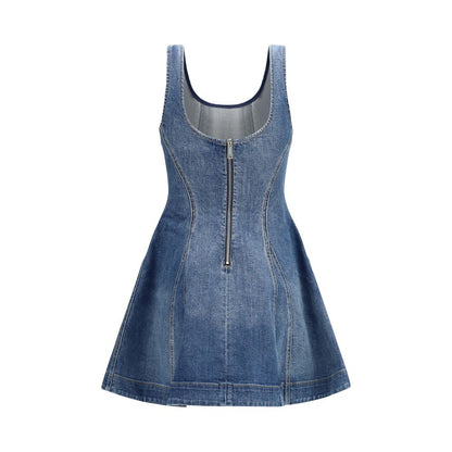 Self-Portrait Blue Cotton Denim Flared Mini Dress