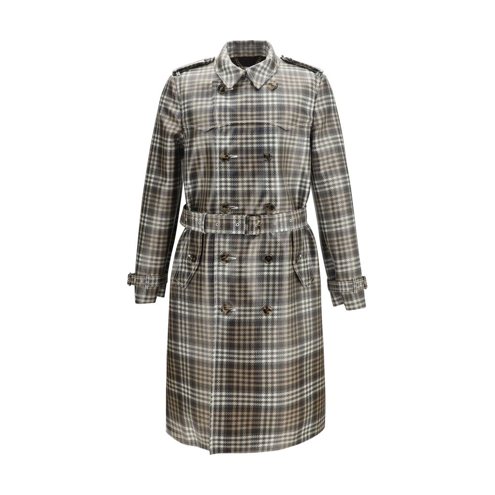 Burberry Brown Long Check Coated Raffia-effect Foxfield Trench Coat