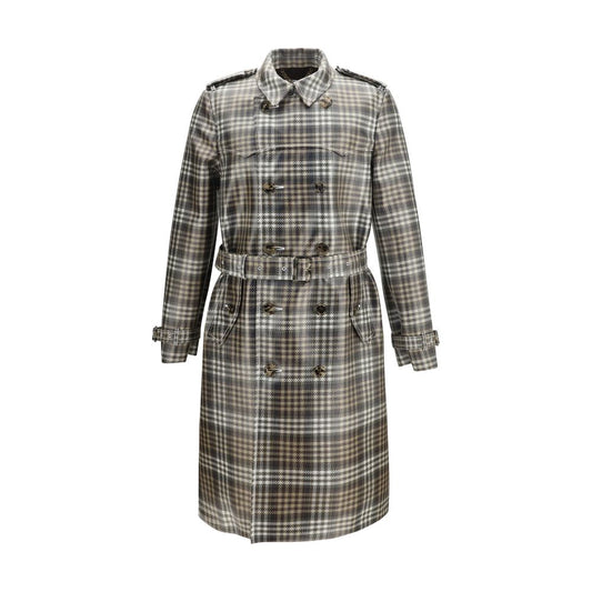 Burberry Brown Long Check Coated Raffia-effect Foxfield Trench Coat