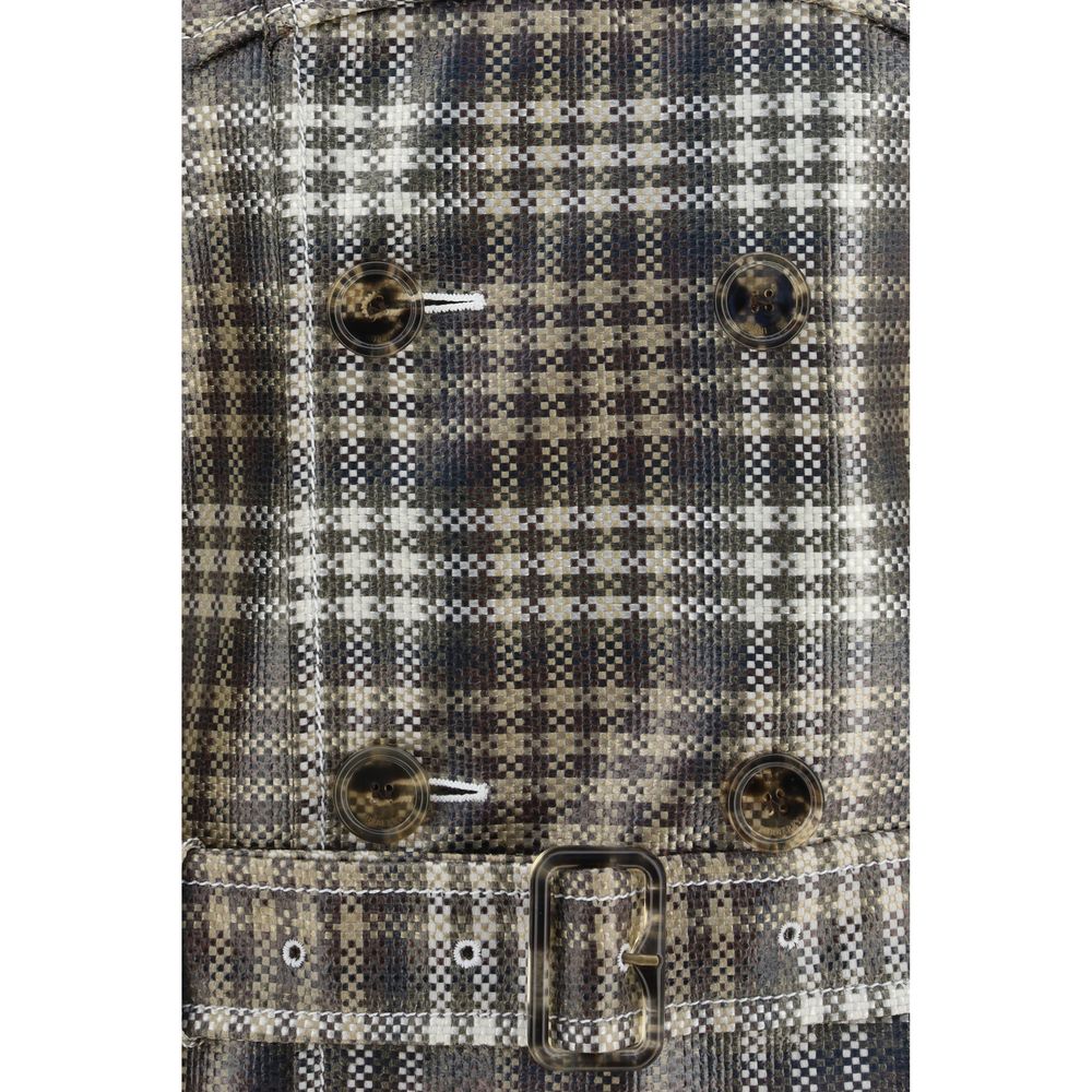 Burberry Brown Long Check Coated Raffia-effect Foxfield Trench Coat