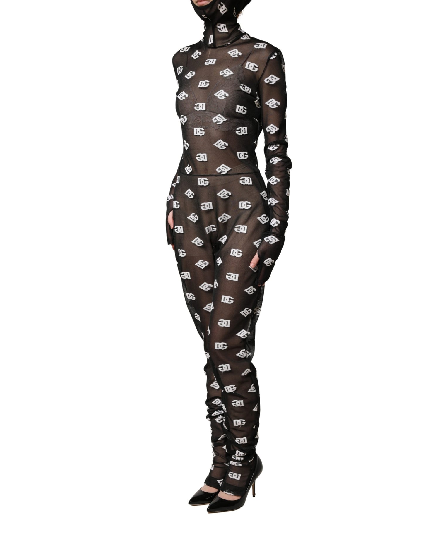 Dolce & Gabbana Black White Logo Print Hooded Jumpsuit