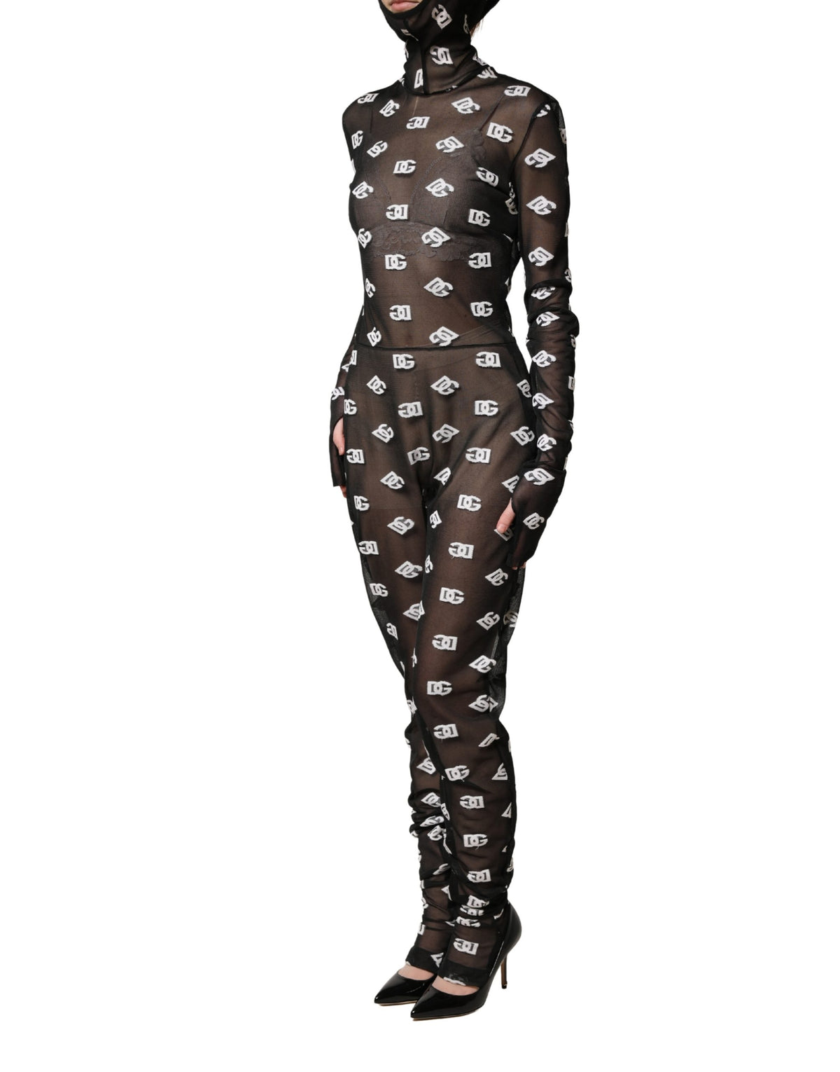Dolce & Gabbana Black White Logo Print Hooded Jumpsuit