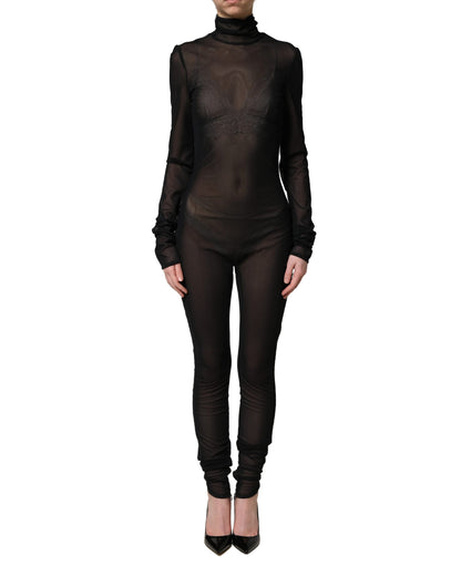 Dolce & Gabbana Black Nylon Sheer Turtleneck Jumpsuit Dress