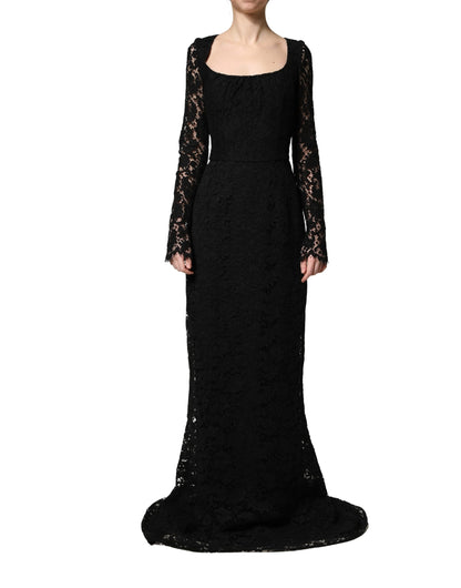 Dolce & Gabbana Black Lace Square Neck Long Sleeve Maxi Dress