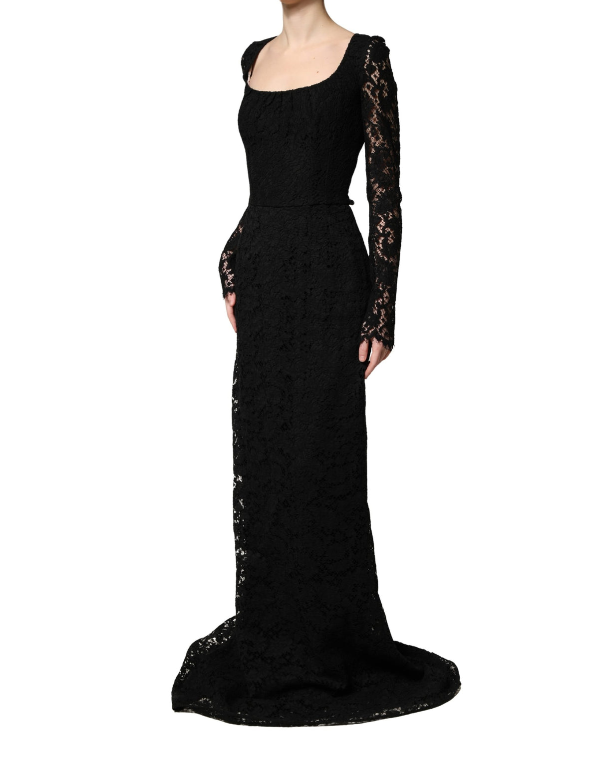 Dolce & Gabbana Black Lace Square Neck Long Sleeve Maxi Dress