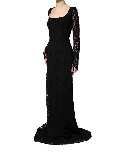 Dolce & Gabbana Black Lace Square Neck Long Sleeve Maxi Dress