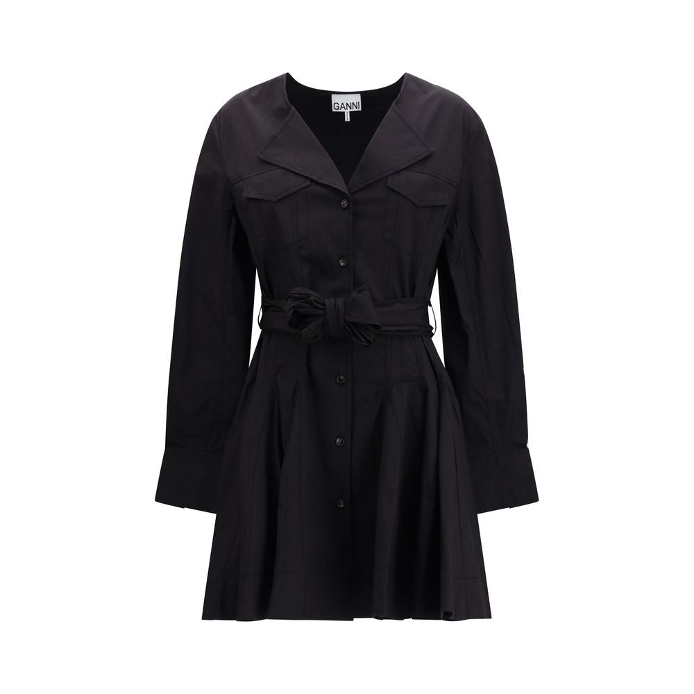 Ganni Black Cotton Mini Shirt Dress with Belt