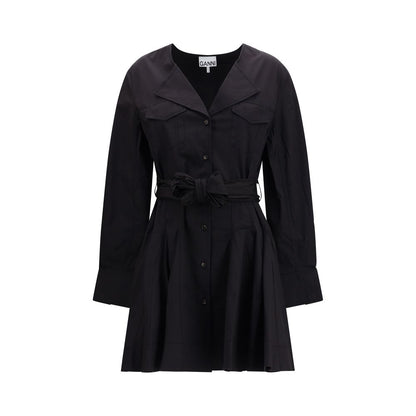 Ganni Black Cotton Mini Shirt Dress with Belt