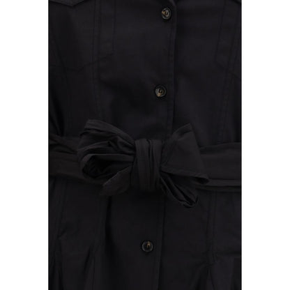 Ganni Black Cotton Mini Shirt Dress with Belt