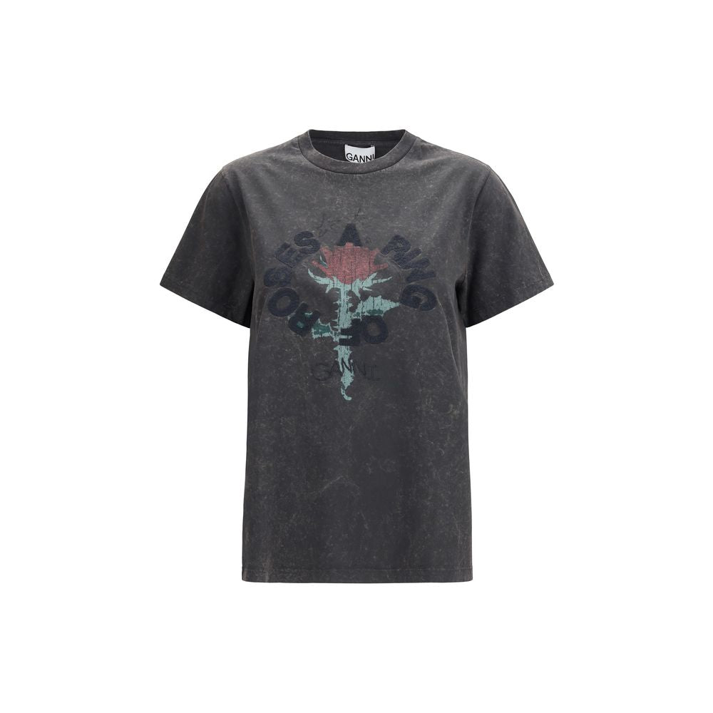 Ganni Gray Cotton Oversized Rose Print T-Shirt