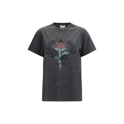 Ganni Gray Cotton Oversized Rose Print T-Shirt