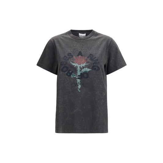 Ganni Gray Cotton Oversized Rose Print T-Shirt