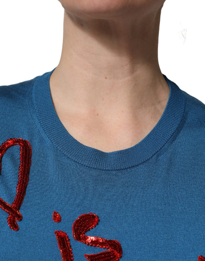 Dolce & Gabbana Blue Silk Sequined Crew Neck Pullover Sweater