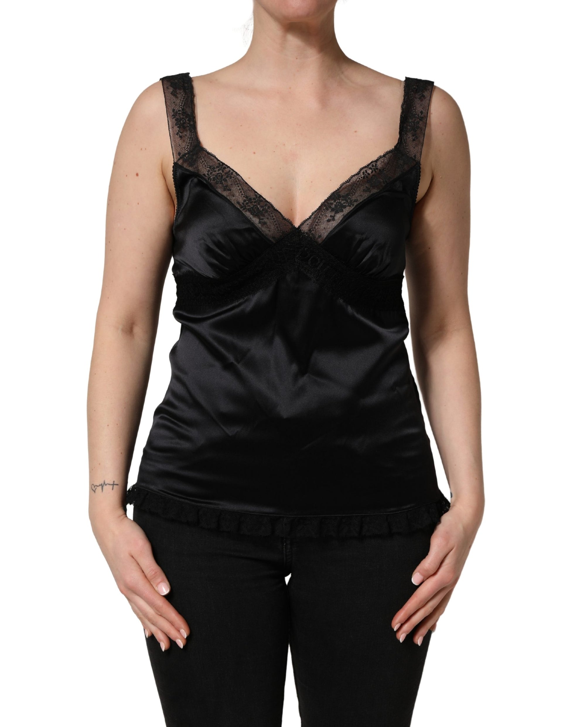 Dolce & Gabbana Black Silk Lace Trim V-neck Camisole