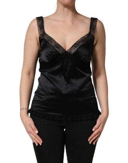 Dolce & Gabbana Black Silk Lace Trim V-neck Camisole