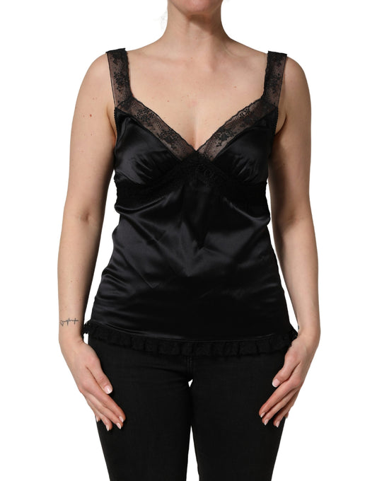 Dolce & Gabbana Black Silk Lace Trim V-neck Camisole