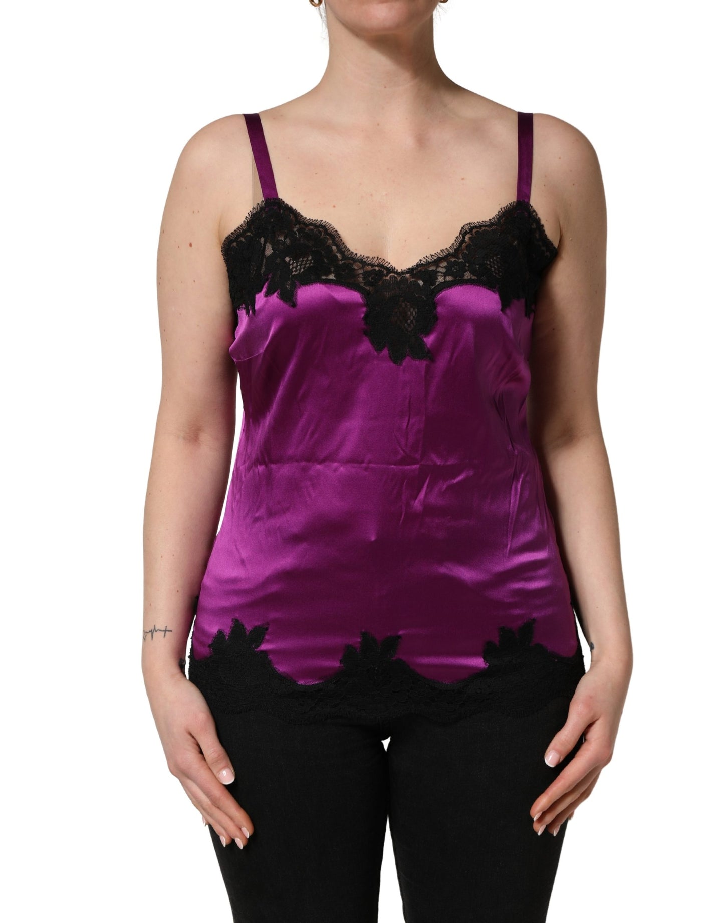 Dolce & Gabbana Purple Silk Lace Trim Camisole