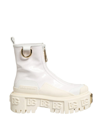 Dolce & Gabbana White Leather Rubber Logo Ankle Boots