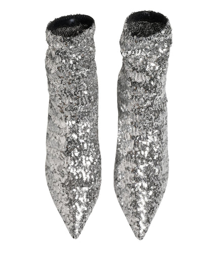Dolce & Gabbana Silver Sequined Short Boots