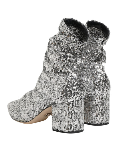 Dolce & Gabbana Silver Sequined Short Boots