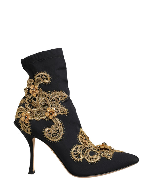 Dolce & Gabbana Black Gold Embroidery Crystal Boots