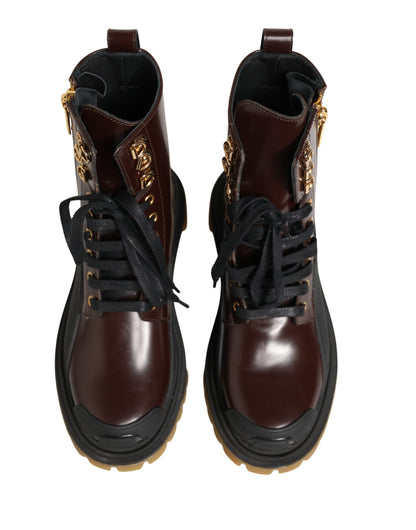 Dolce & Gabbana Maroon Leather Lace Up Biker Boots Shoes