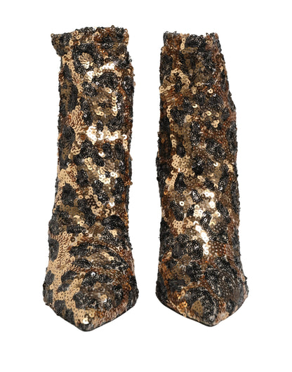 Dolce & Gabbana Gold Leopard Sequin Sock Ankle Boots