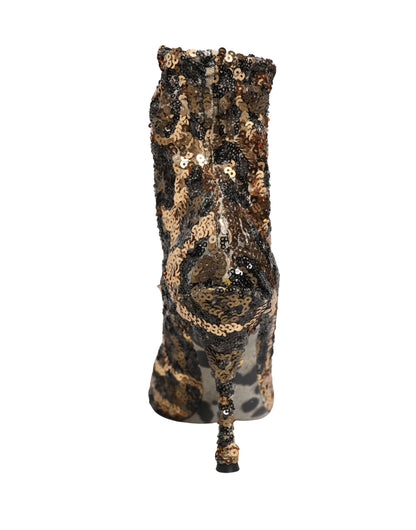 Dolce & Gabbana Gold Leopard Sequin Sock Ankle Boots