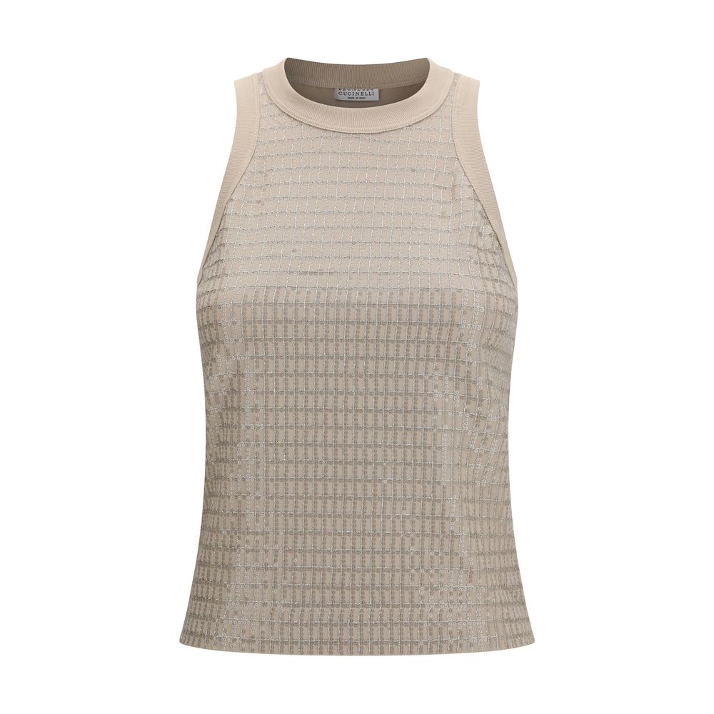 Brunello Cucinelli Beige Cotton T-Shirt with Luminous Embroidery