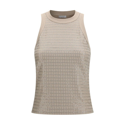 Brunello Cucinelli Beige Cotton T-Shirt with Luminous Embroidery