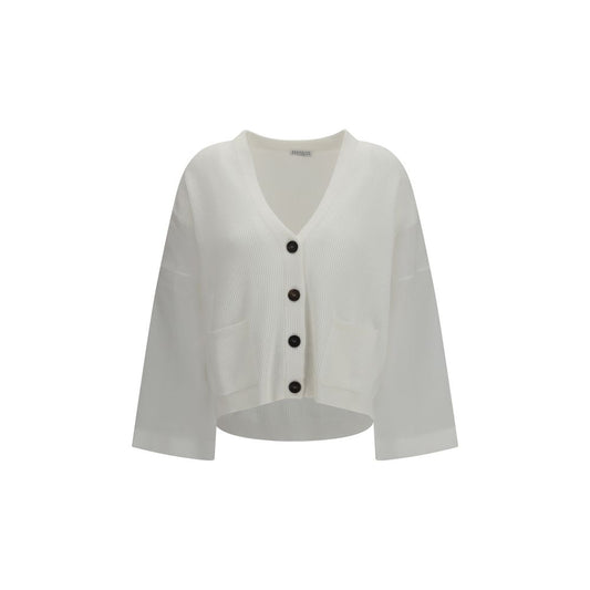 Brunello Cucinelli White Cotton Cardigan with Organza Sleeves