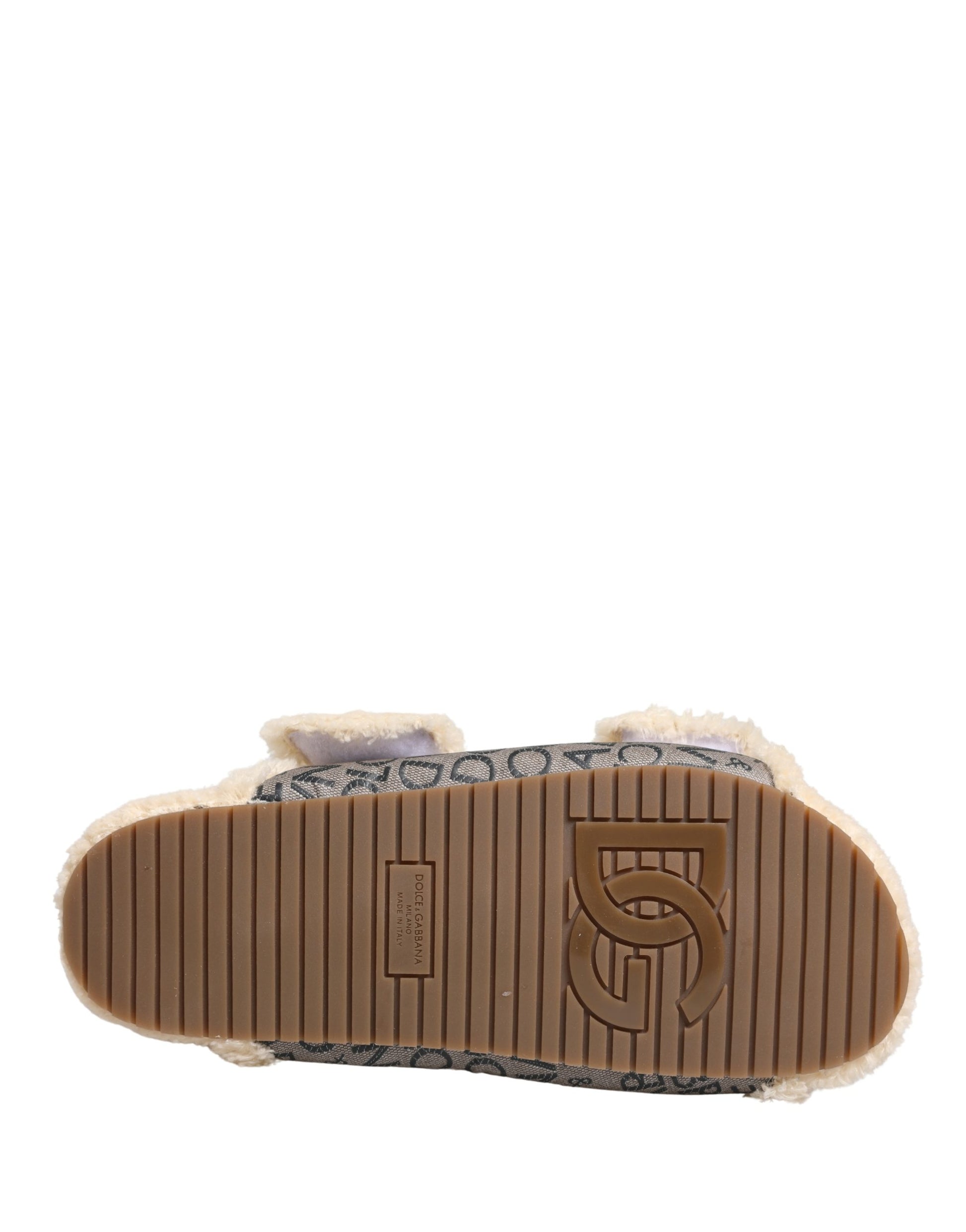 Dolce & Gabbana Beige Faux Fur Logo Print Flats Sandals