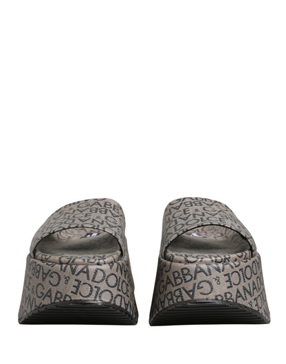 Dolce & Gabbana Gray Leather Monogram Logo Sandals