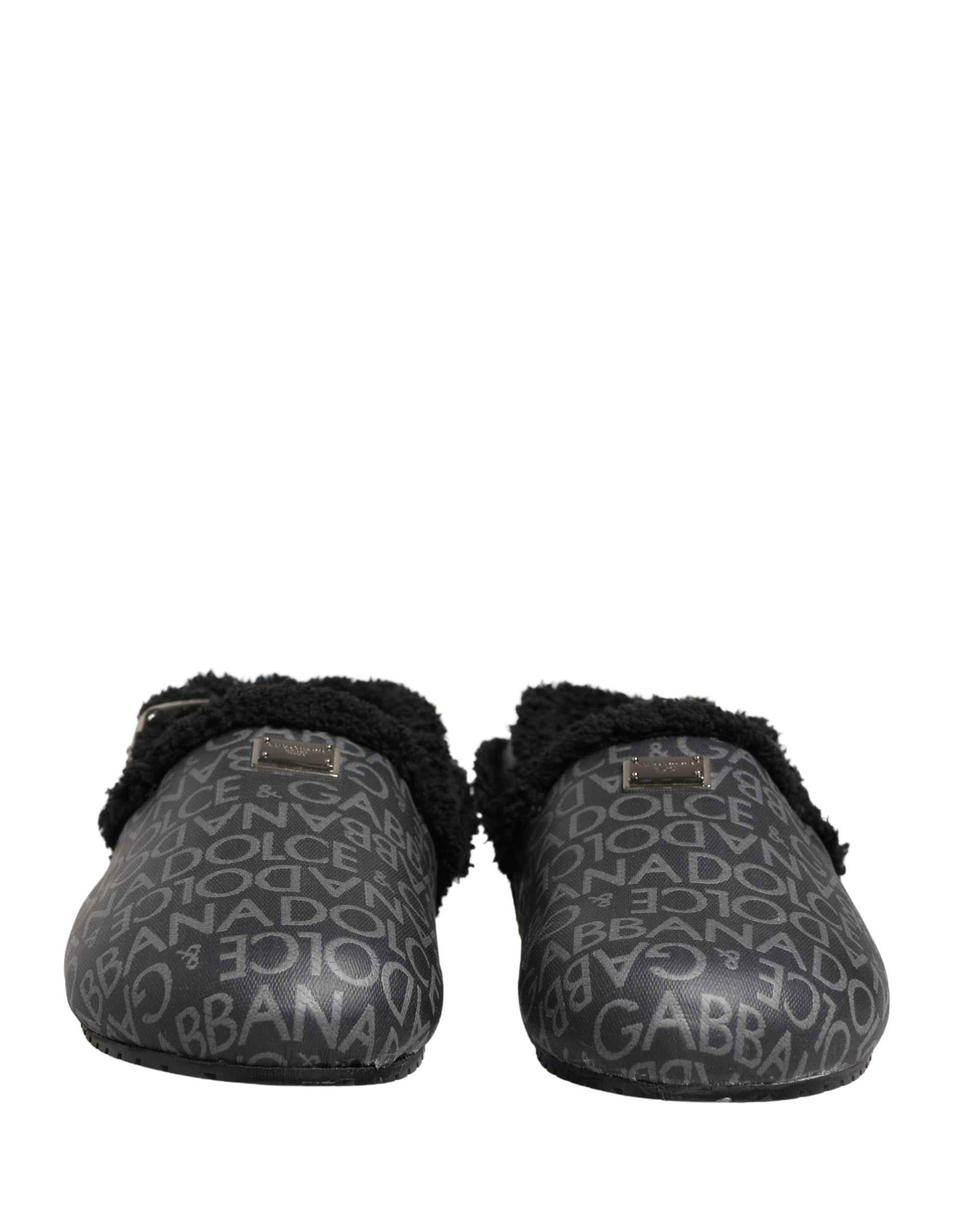 Dolce & Gabbana Gray Faux Fur Jacquard Mules Sandals