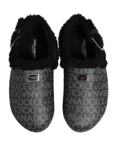 Dolce & Gabbana Gray Faux Fur Jacquard Mules Sandals