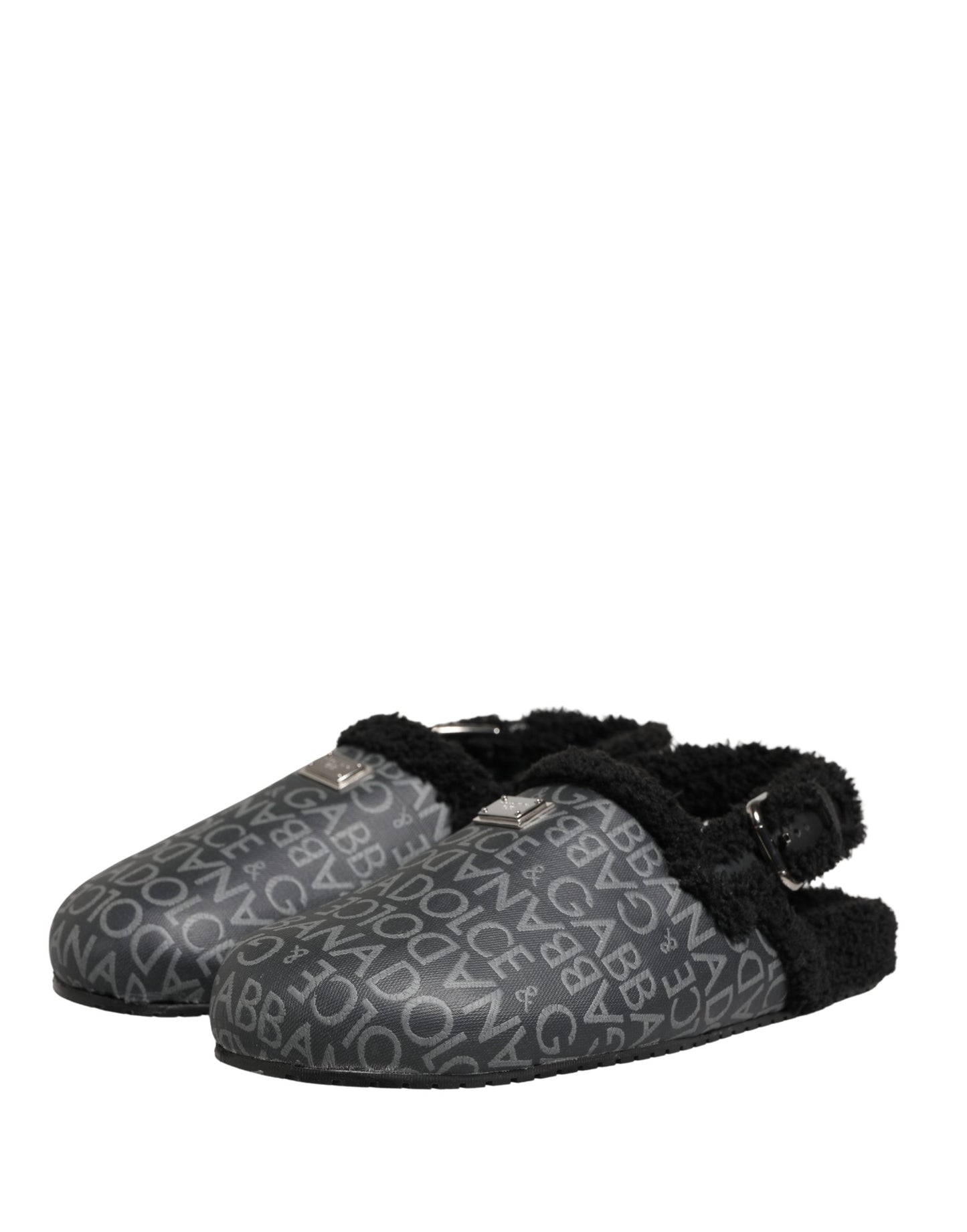 Dolce & Gabbana Gray Faux Fur Jacquard Mules Sandals