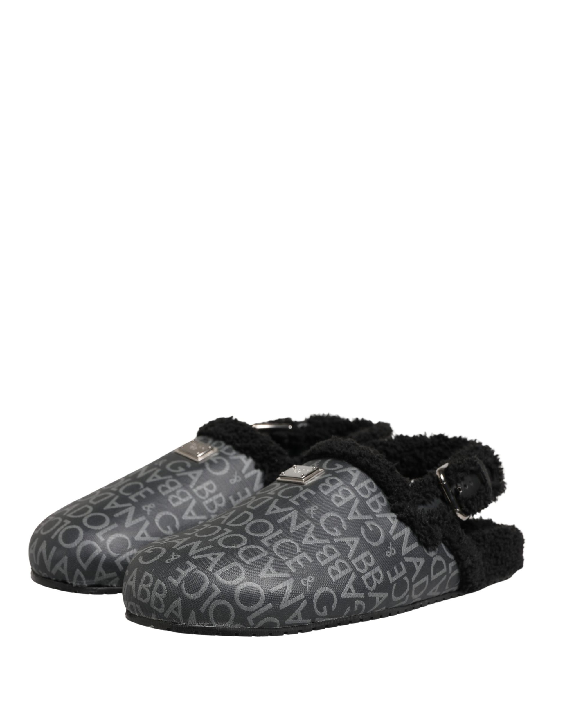 Dolce & Gabbana Gray Faux Fur Jacquard Mules Sandals