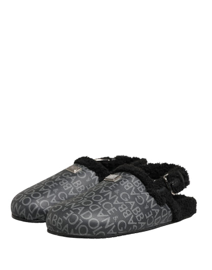 Dolce & Gabbana Gray Faux Fur Jacquard Mules Sandals