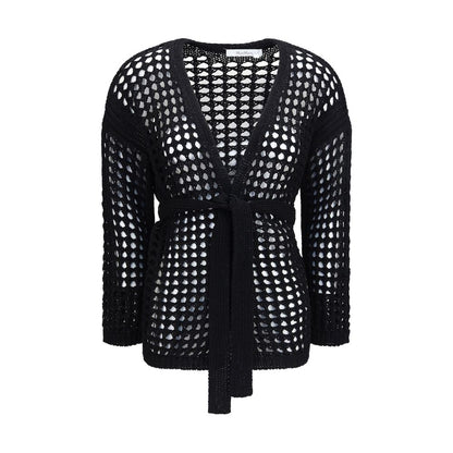 Max Mara Pure Black Belted Mesh Cotton Cardigan