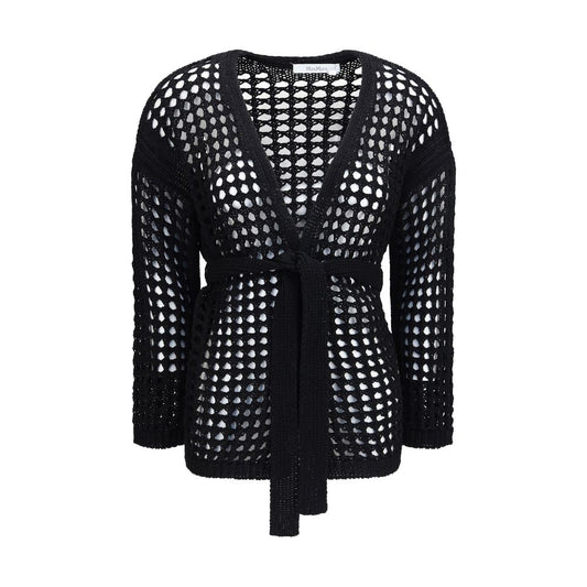 Max Mara Pure Black Belted Mesh Cotton Cardigan