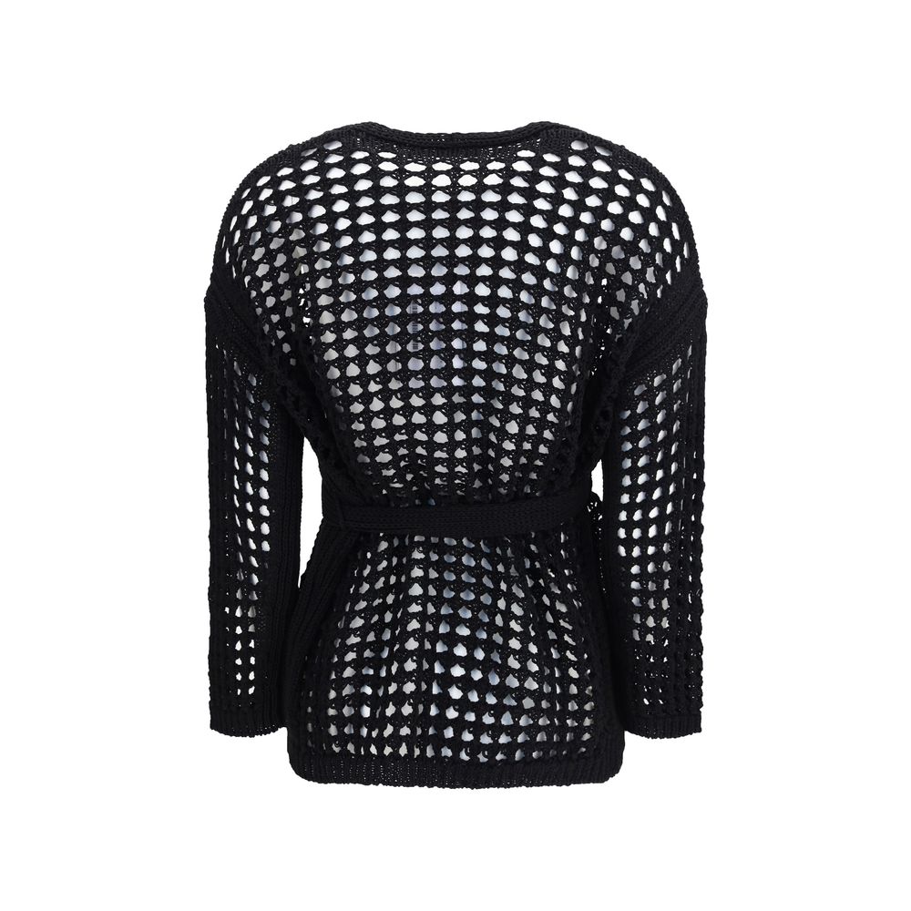 Max Mara Pure Black Belted Mesh Cotton Cardigan