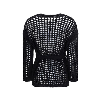Max Mara Pure Black Belted Mesh Cotton Cardigan