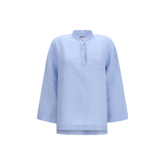 Elegant S Max Mara Blue Linen Dress Shirt