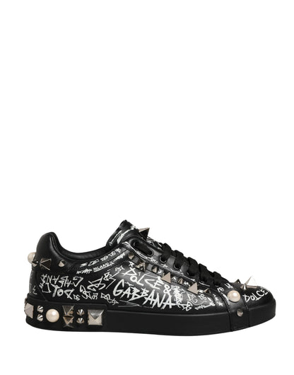Dolce & Gabbana Black Portofino Graffiti Stud Sneakers - Preowned