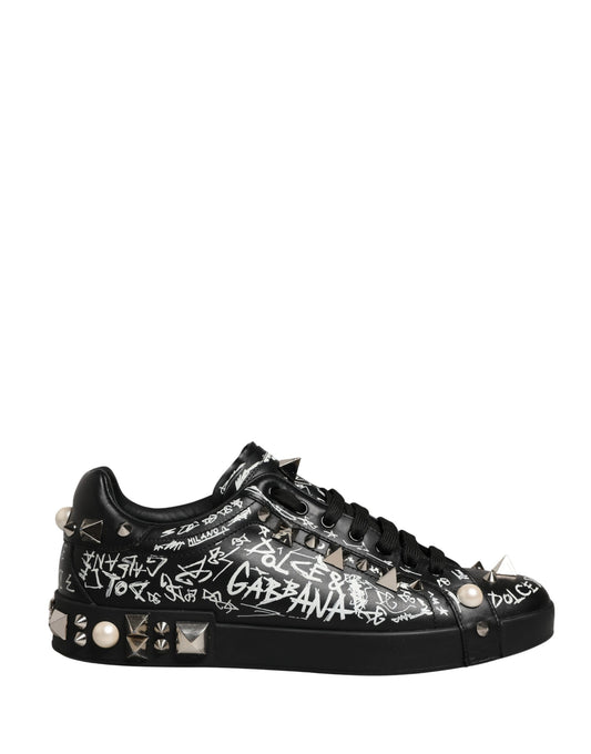 Dolce & Gabbana Black Portofino Graffiti Stud Sneakers - Preowned
